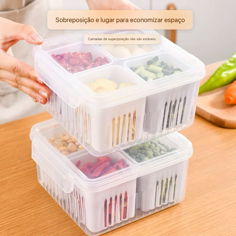 Caixas Organizadoras de Geladeira Com Cesto de Drenagem e Tampa Para Conservação de Frutas Legumes Alimentos