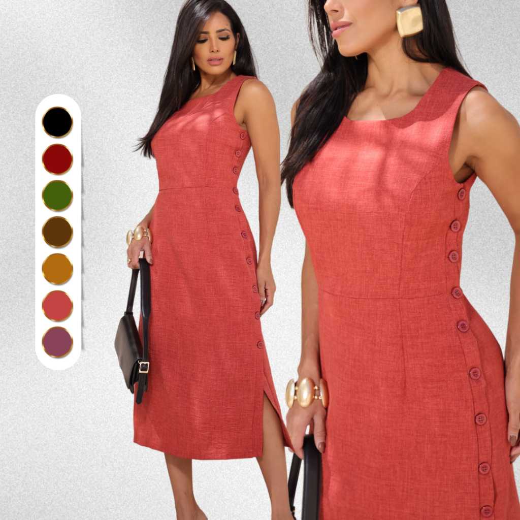 vestido tubinho elegante com fenda forrado e botões laterais funcionais em linhão premium em Oferta na Shopee