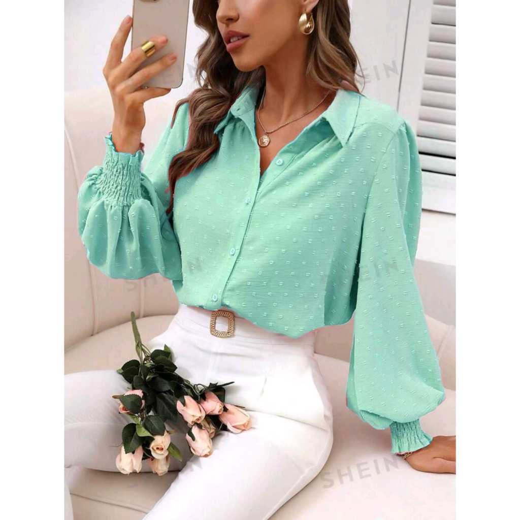 Camisa Social Feminina Blusas Femenina  manga bufante Com Botões Em Duna Pipoca Moda Femininas