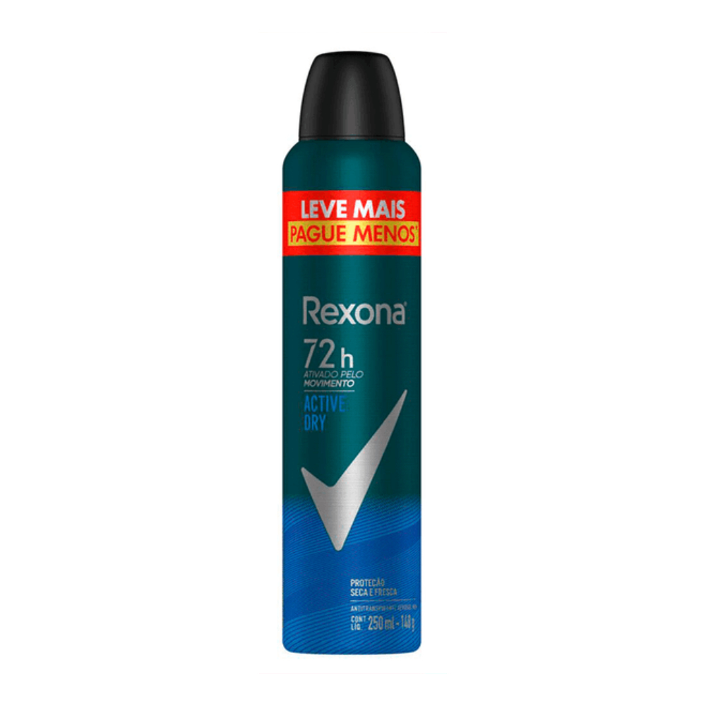 Desodorante Aerosol Rexona Men Active Dry 250ml | Antitranspirante 72h de Proteção | Efeito Jato Seco