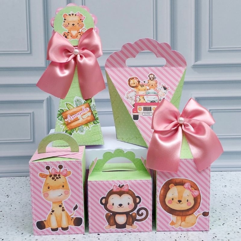 PEGUE E MONTE|Kit Festa Personalizado| SAFARI ROSA| Caixinhas Lembrancinha para Aniversário