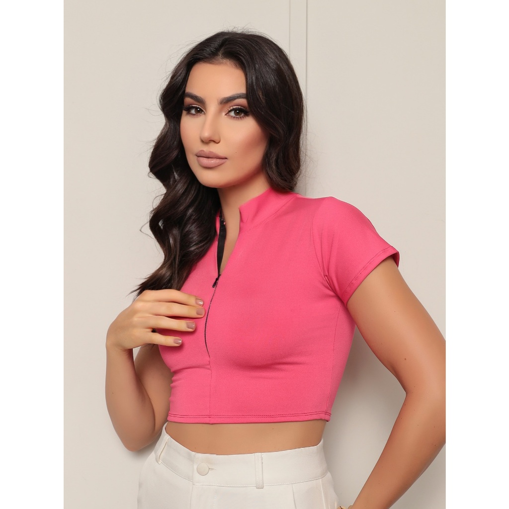 cropped manga curta com ziper suplex em Oferta na Shopee