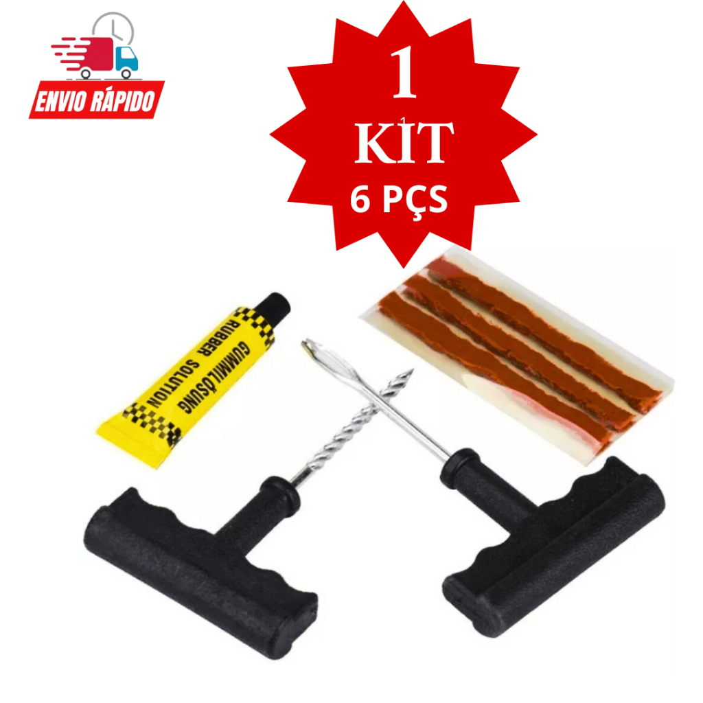 Kit Conjunto  6 Peças  Reparo Remendo para Pneu Carro ou Moto sem Câmara