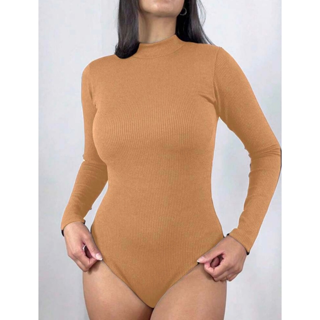 Body bory collant feminino manga longa gola alta canelado