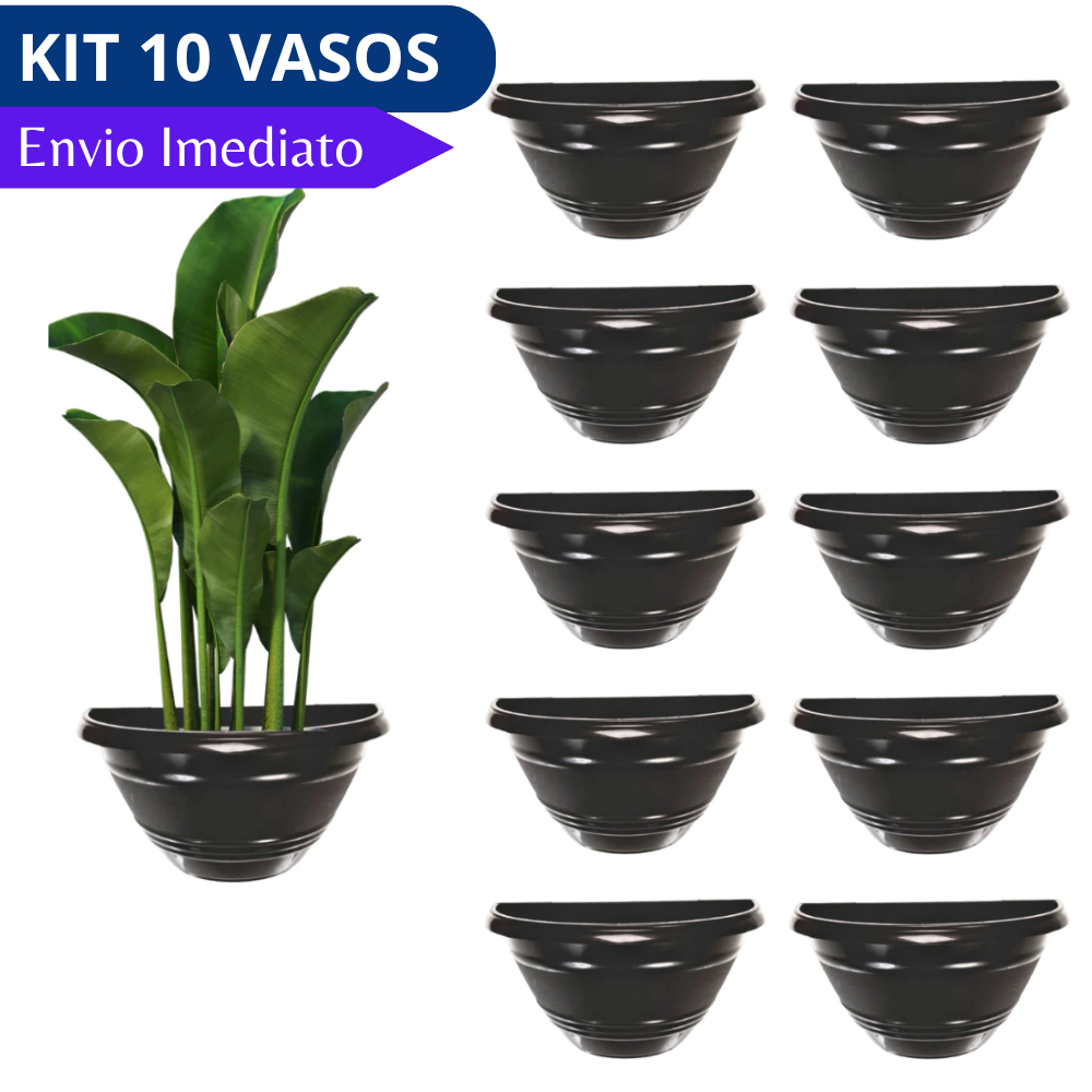 Kit 10 Vaso de Parede Meia Lua Preto de Plastico Flores e Plantas Resistente