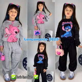 Conjunto Infantil Menina Moletinho Stitch ou Angel Calça e Casaco em Oferta na Shopee