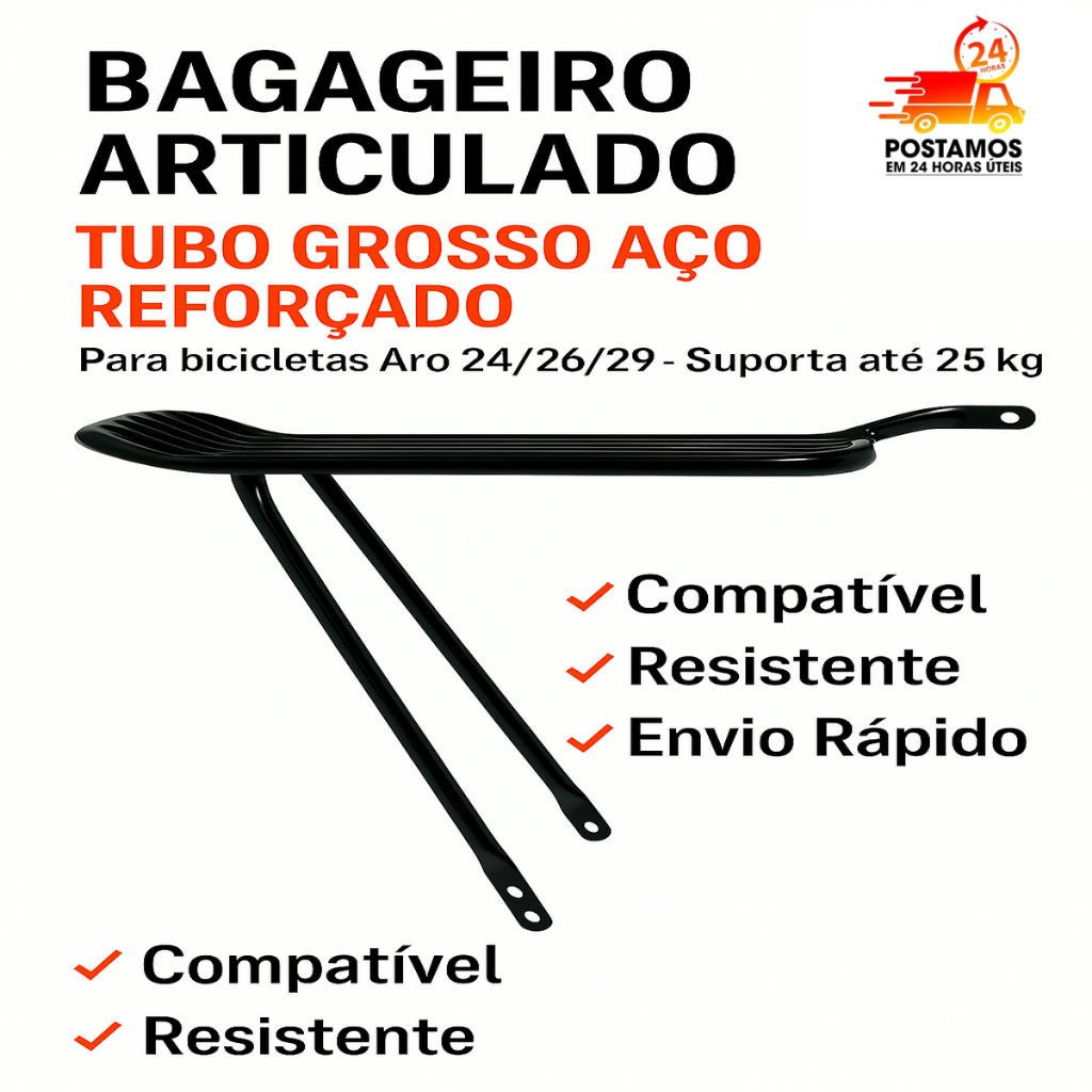 Bagageiro Rabetão MTB Bike Aço Reforçado Garupa Universal Aro 24 26 29 – Suporta até 25kg - Instalação Fácil