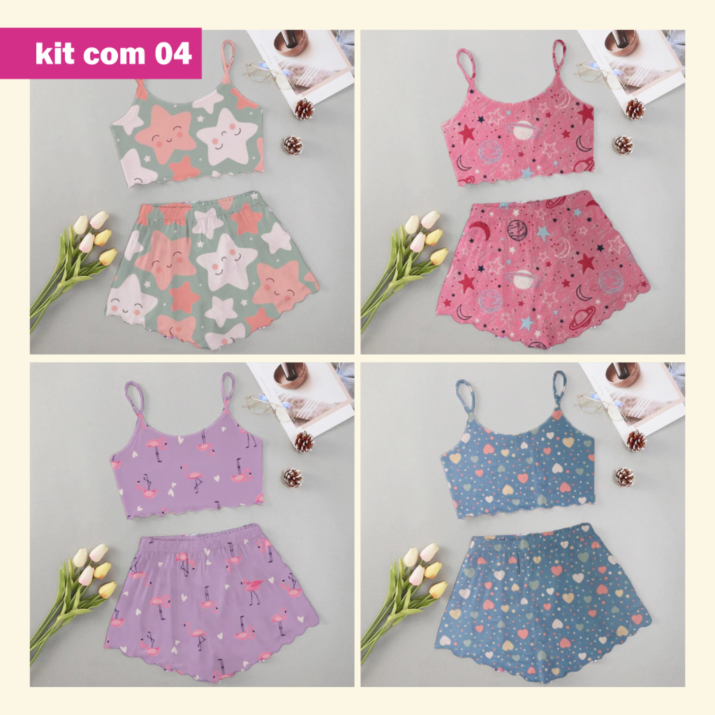 Kit 3 Pijamas Feminino Baby Doll Cropped Blogueirinha Com Alcinha Malha Fria