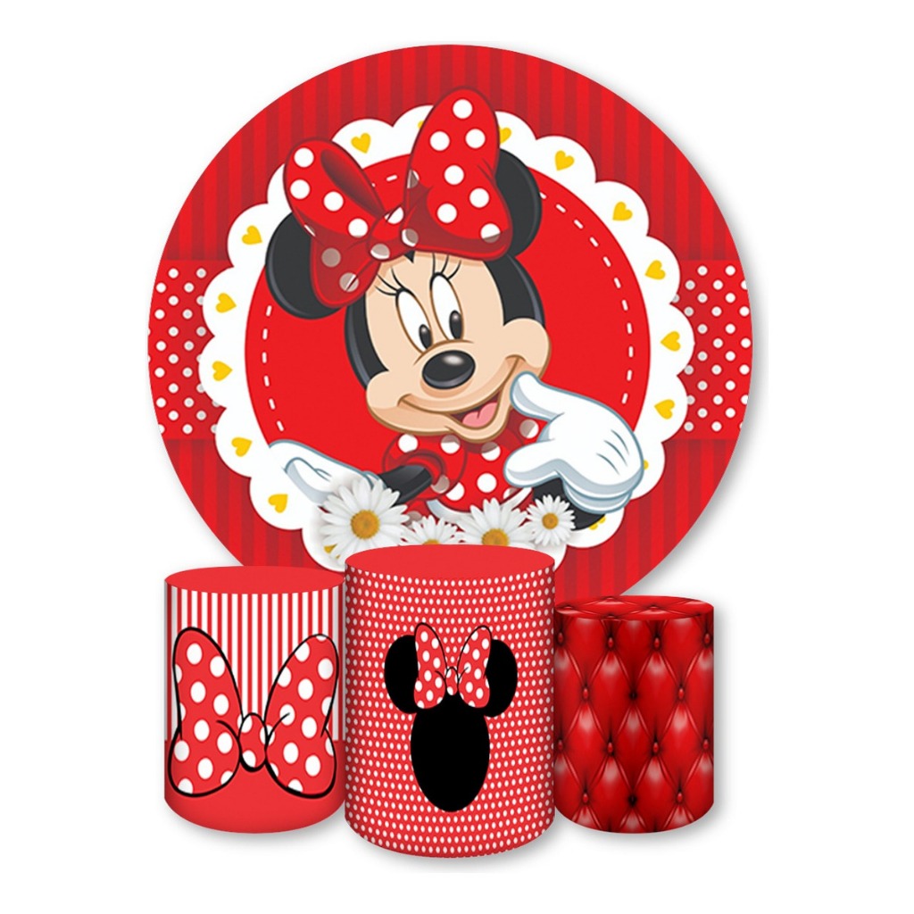 Painel Redondo 1,50 x 1,50 Minnie Mouse + Trio Capa Cilindro