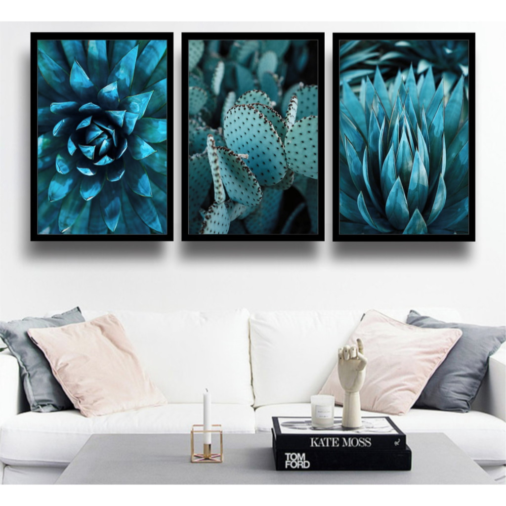 kit 3 quadro decorativo suculentas cacto folhagem azul com molduras