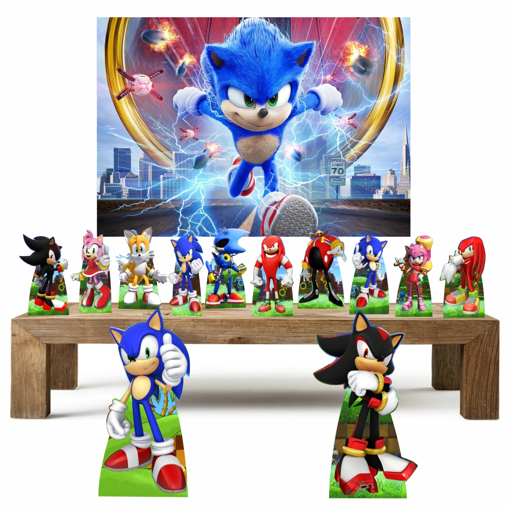 Sonic md3 Kit Prata 10 de mesa 2 de chão + painel de lona Decoração de festa infantil