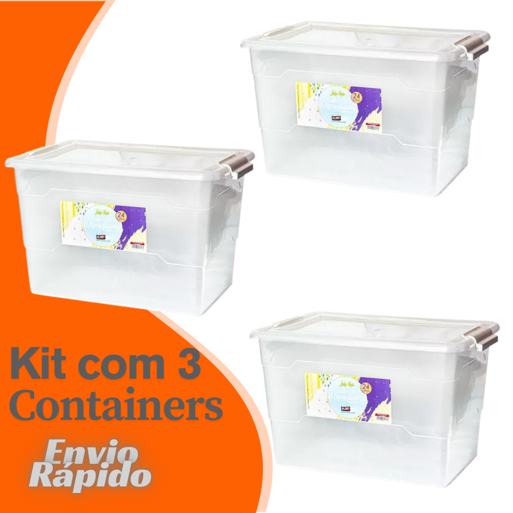 3 X Caixa Organizadora Container Transparente 24 Litros Cesto Plastico Organizador Tampa Trava