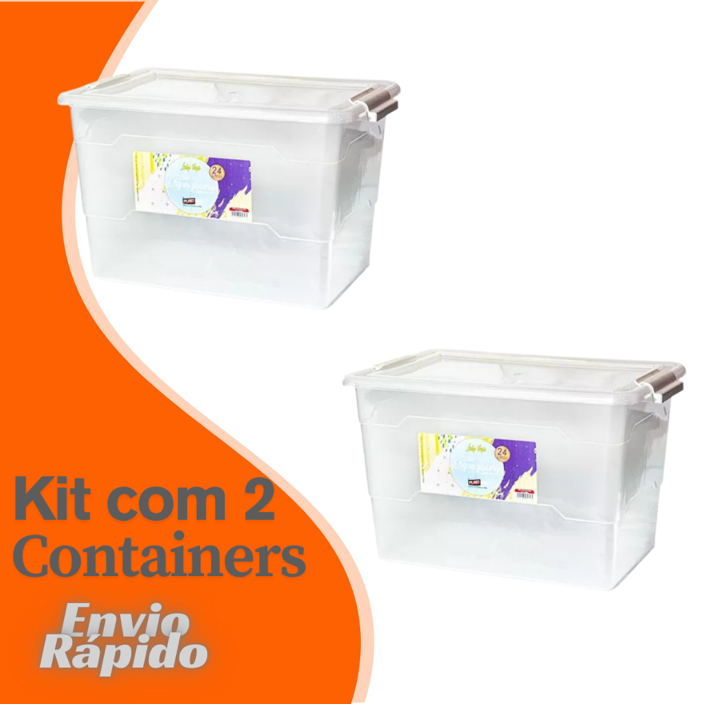 Kit 2 X Caixas Organizadora Container Transparente 24 Litros Cesto Plastico Multiuso Organizador Plástico Tampa Trava