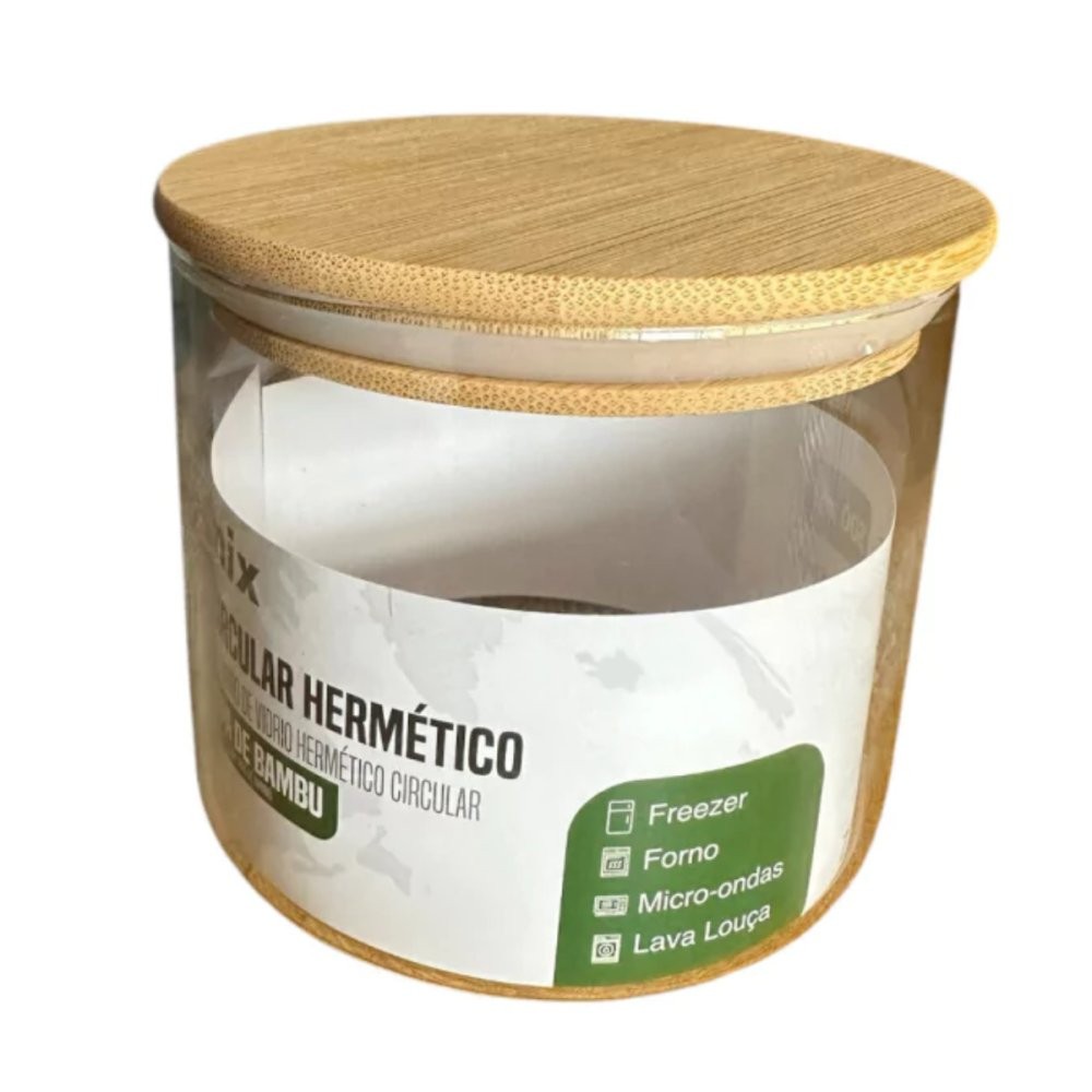 Pote de Vidro Circular Hermético Multiuso com Tampa de Bambu - 500 ml, 800ml, 1000m, 1200 ml, 1500 mll, 1200, 1500
