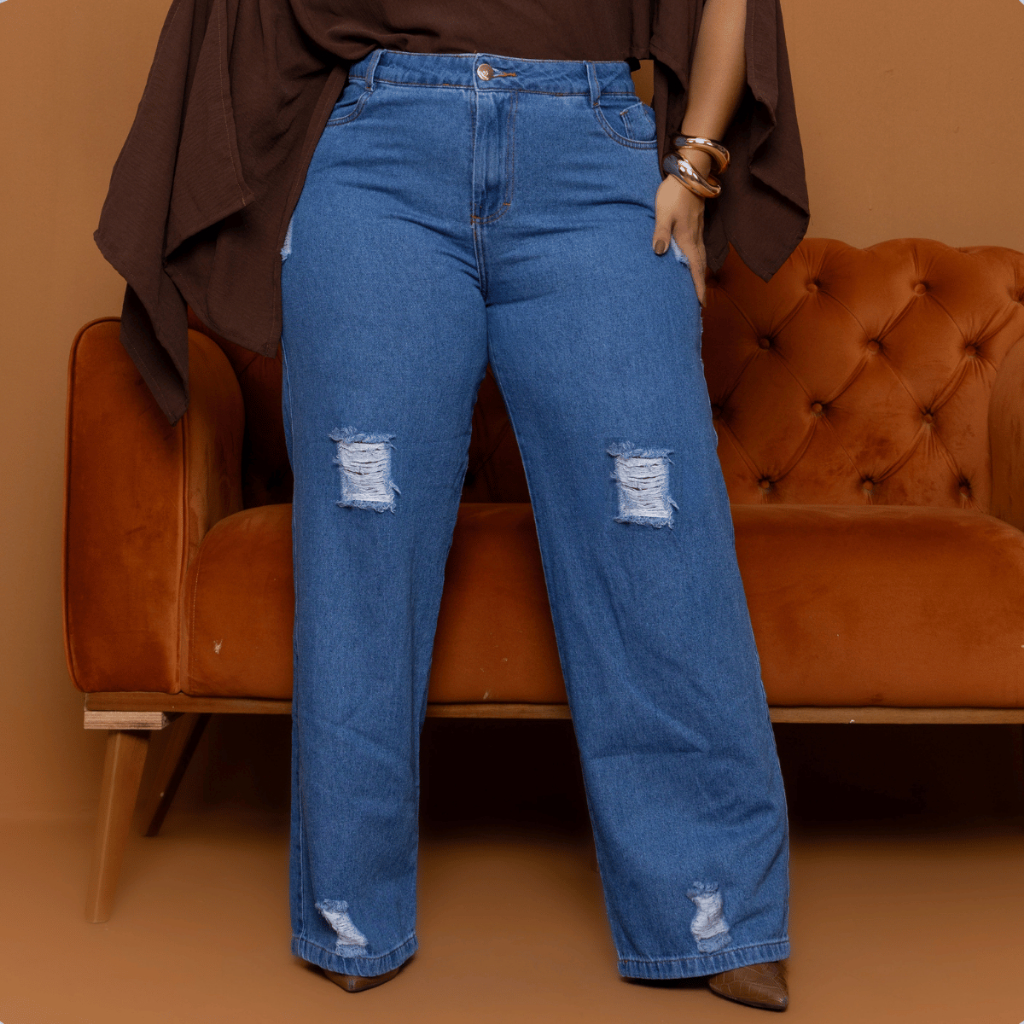 Calça Feminina Wide Leg Plus Size Clara Cintura Alta Pantalona Sem Lycra Stillger Jeans