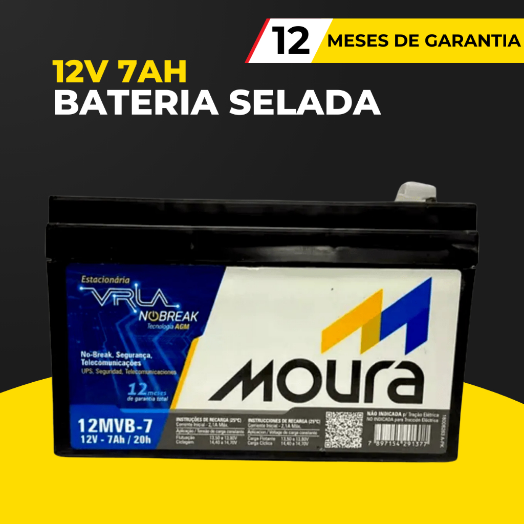 Bateria Moura 12MVA-7 12V 7Ah para Nobreak Central Alarme, Luz Emergência, Placa Solar