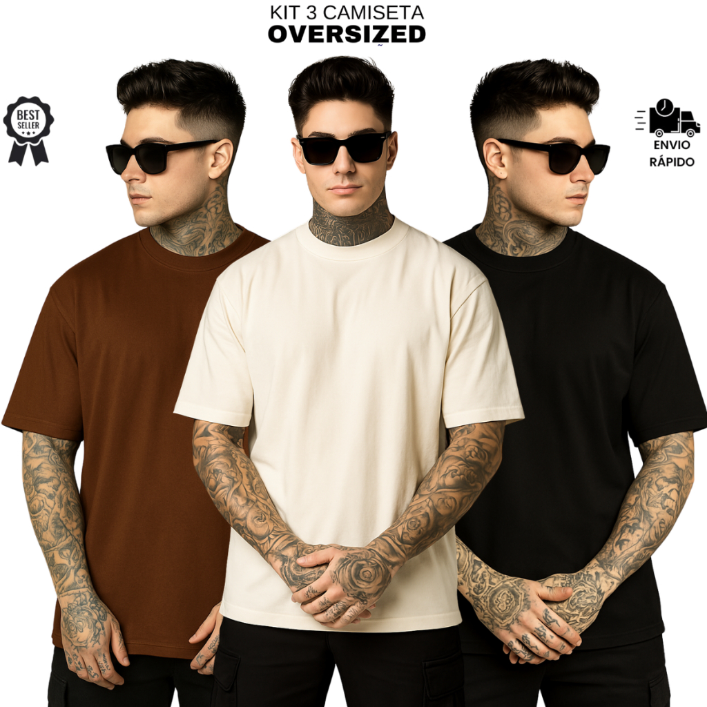 Kit 3 Camiseta Oversized Lisa Masculina Streetwear Caimento Perfeito