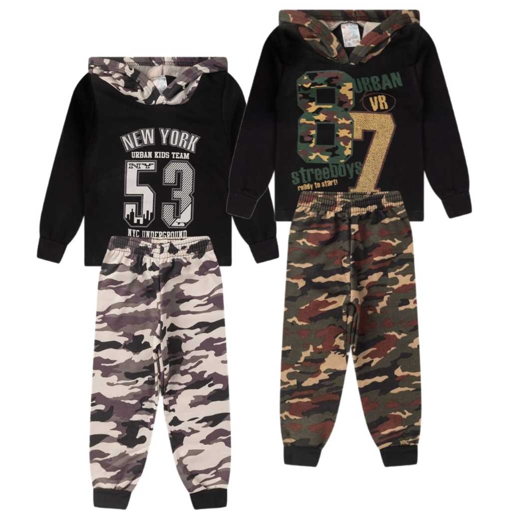 Kit 2 conjuntos moletom capuz camuflados infantil inverno menino tamanho 1 2 3 4 6 8