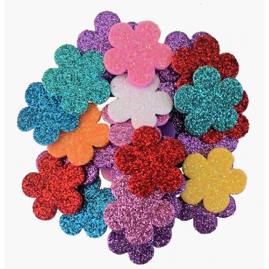 Kit 100 mini apliques em EVA gliter 16mm  Flor em eva glitter