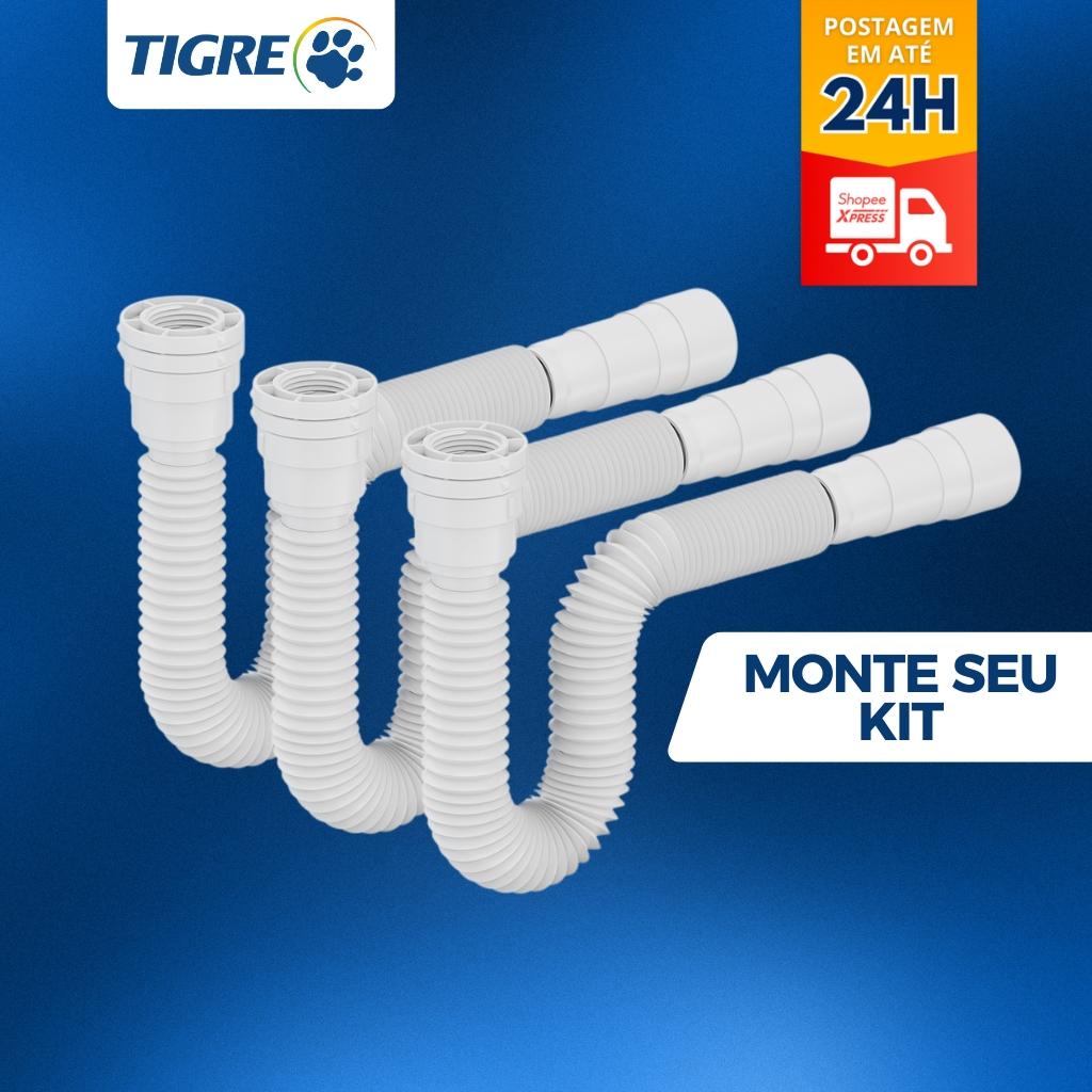Kit 3 Sifão Tigre Lavatorio Pia Sanfonado Extensível Ajustável Sifão Cozinha Banheiro Universal