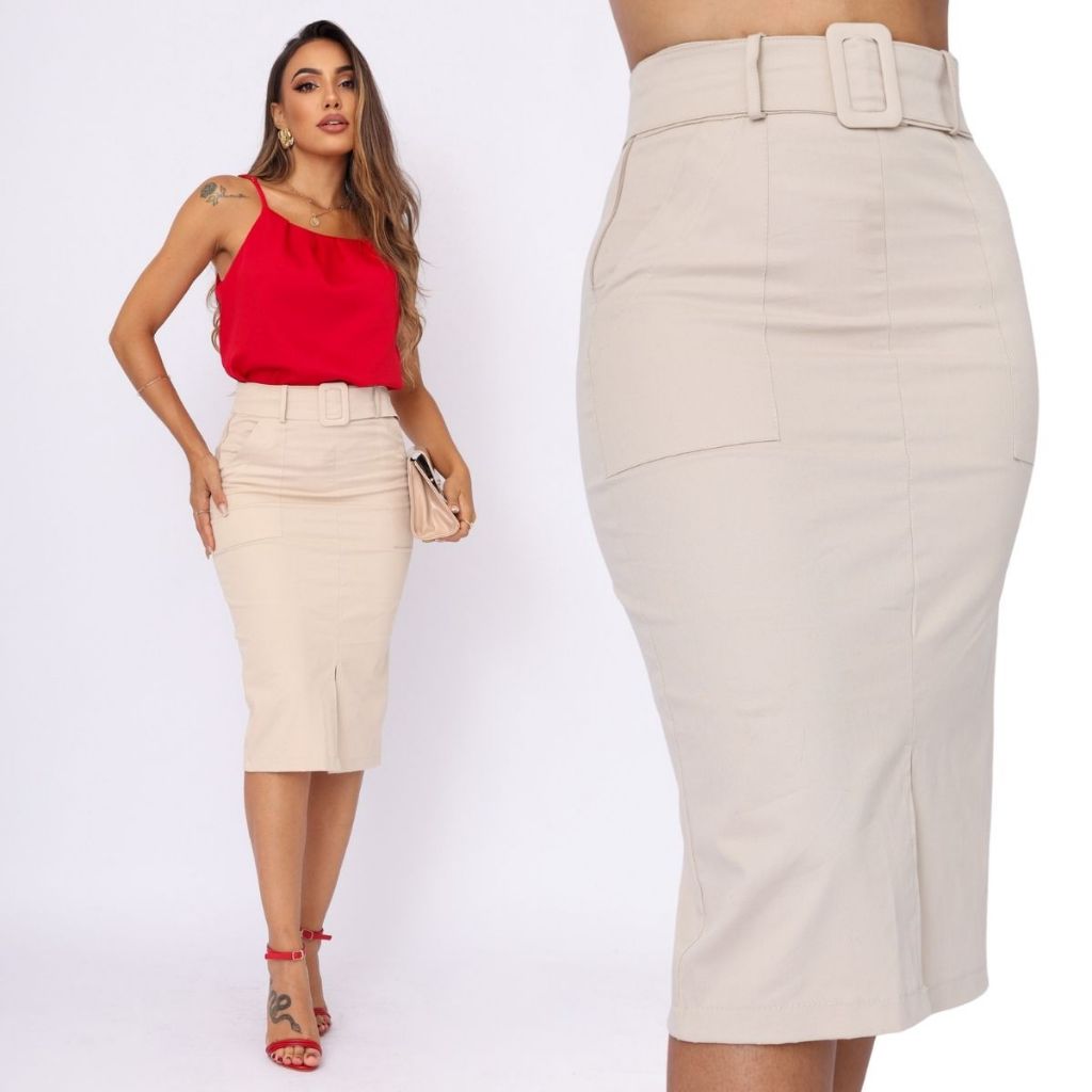 Saia Social Midi Em Sarja Modeladora Com Elastano Cintura Alta Estilosa