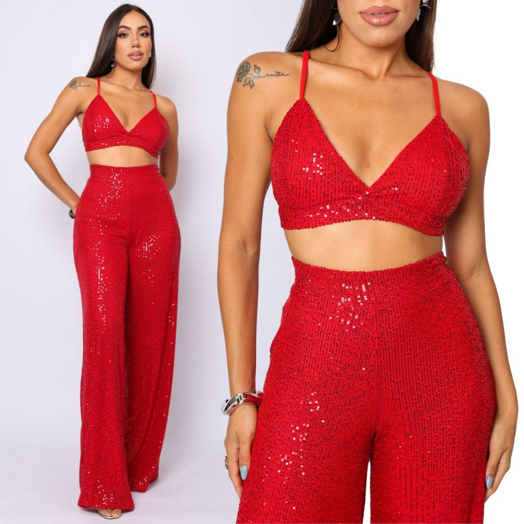 Conjunto Festa Calça Pantalona Forrada e Top Em Paetê Brilho Noite em Oferta na Shopee