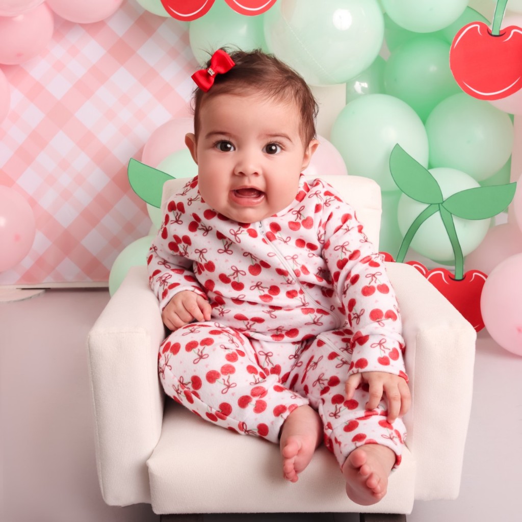 Macacão Bebê Menina com Zíper em Soft Estampado Cerejinha Quentinho Roupas de Bebê Macacao Inverno