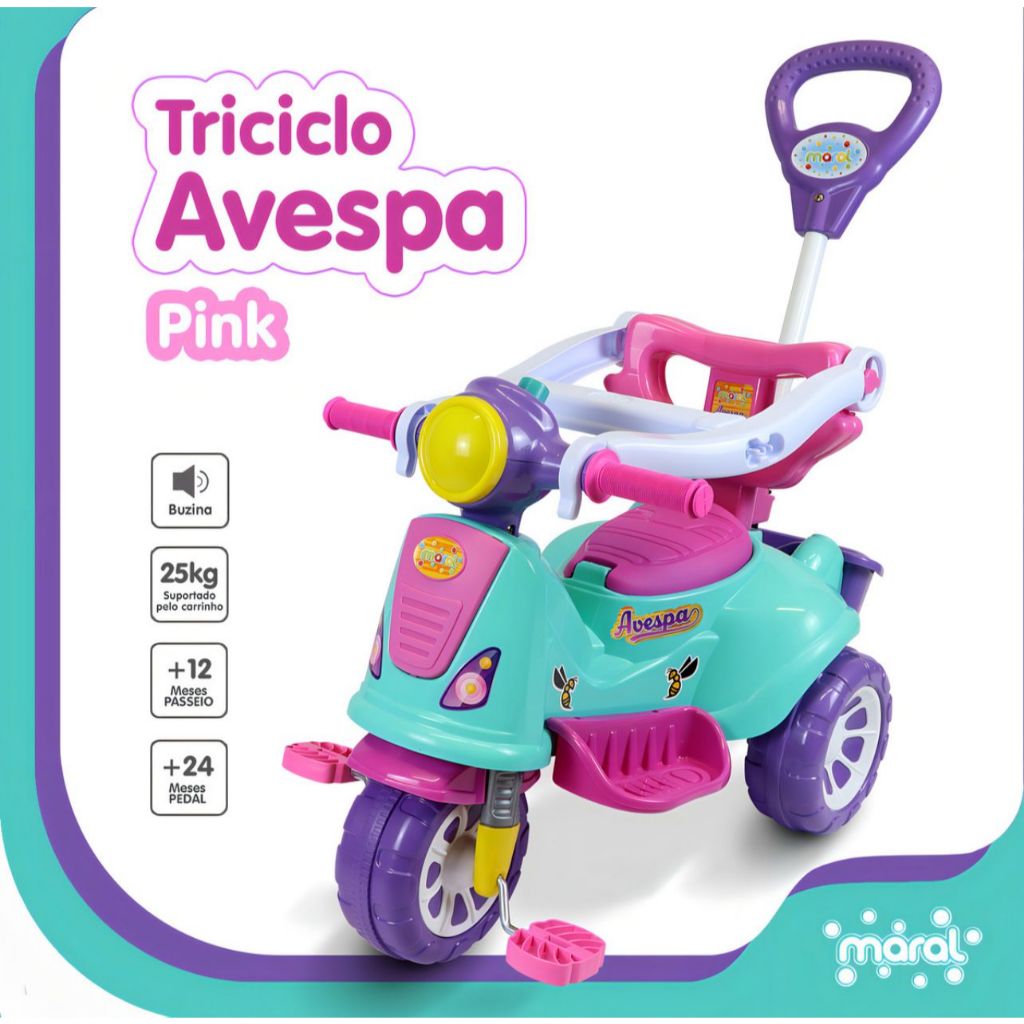 Motoca Avespa Maral Velocipide Com Haste de Empurrar Completo Proteção Lateral Pedal Menina e Menino