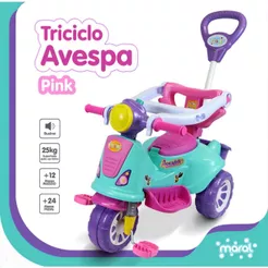 Motoca Avespa Maral Velocipide Com Haste de Empurrar Completo Proteção Lateral Pedal Menina e Menino