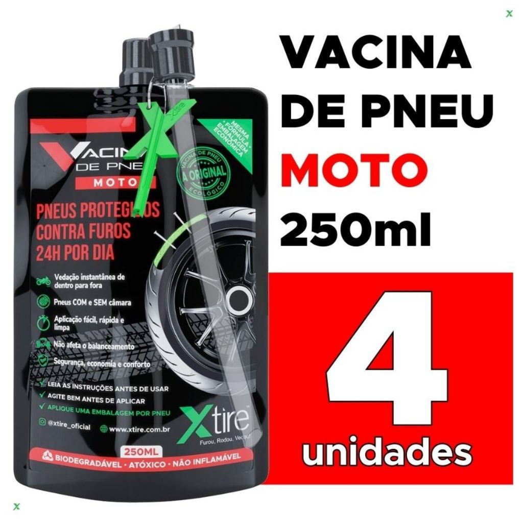 Vacina de Pneu Moto Xtire Selante de Pneu Antifuro Blindado Kit com 4 Unidades