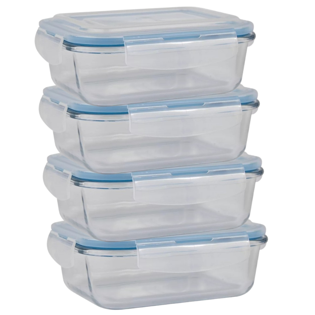 Conjunto 4 Potes Hermético 640ml em Vidro Marmita Com Tampa e 4 Travas Vasilha Travessa Mantimentos