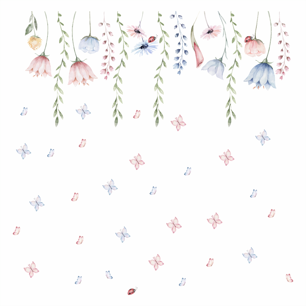 Adesivos Parede Raminhos Floral Jardim Encantado Borboletas Rosa e Azul Decoração quartinho bebe