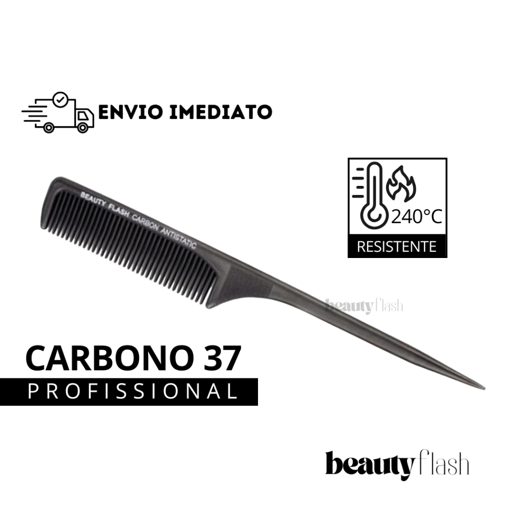 Pente Profissional Carbono 240ºC Antiestático Beauty Flash Cerdas Grossas e Cabo Ponta Fina