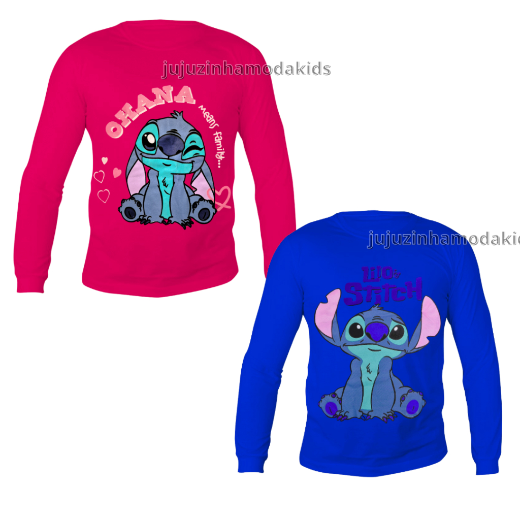 Camiseta Infantil Lilo Stitch Manga Longa Menino Menina Algodão