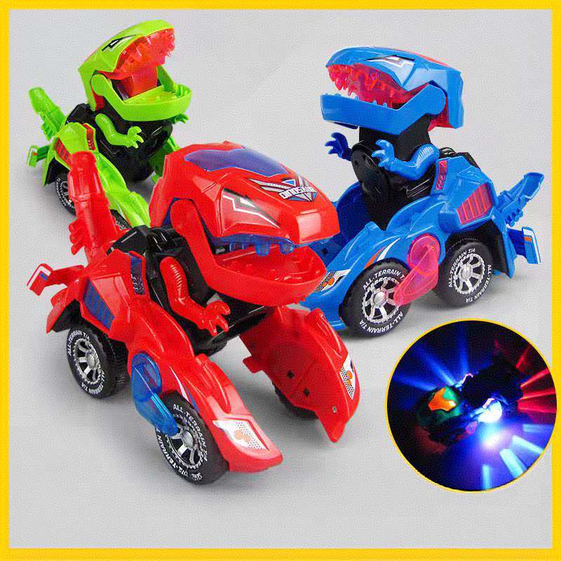 Carro de brinquedo elétrico de deformação de dinossauro com luz e roda universal