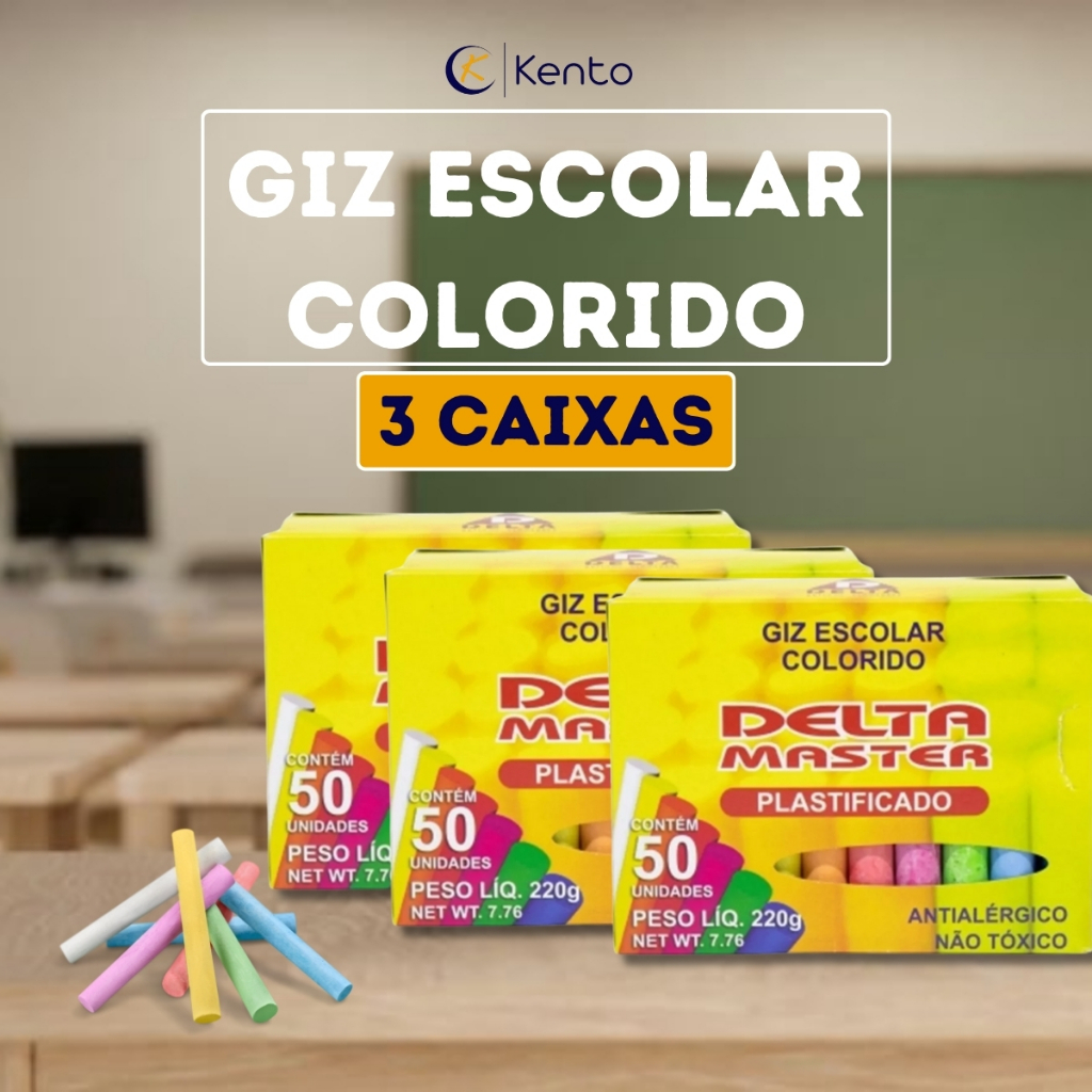 Kit c/ 3Cx Giz Escolar Colorido Antialérgico Plastificado em Oferta na Shopee