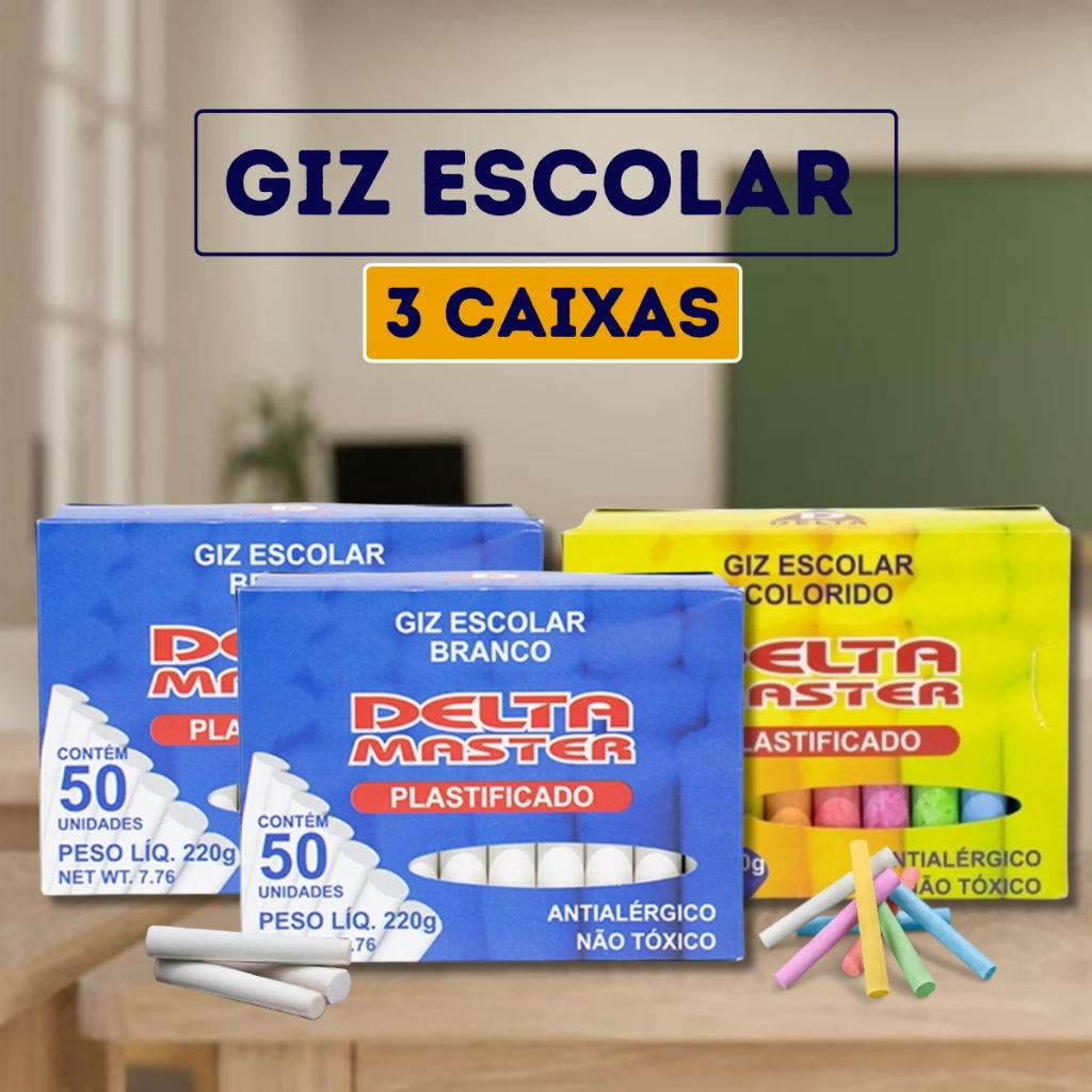 Giz Escolar 3Cx Antialérgico Plastificado Branco e Colorido em Oferta na Shopee