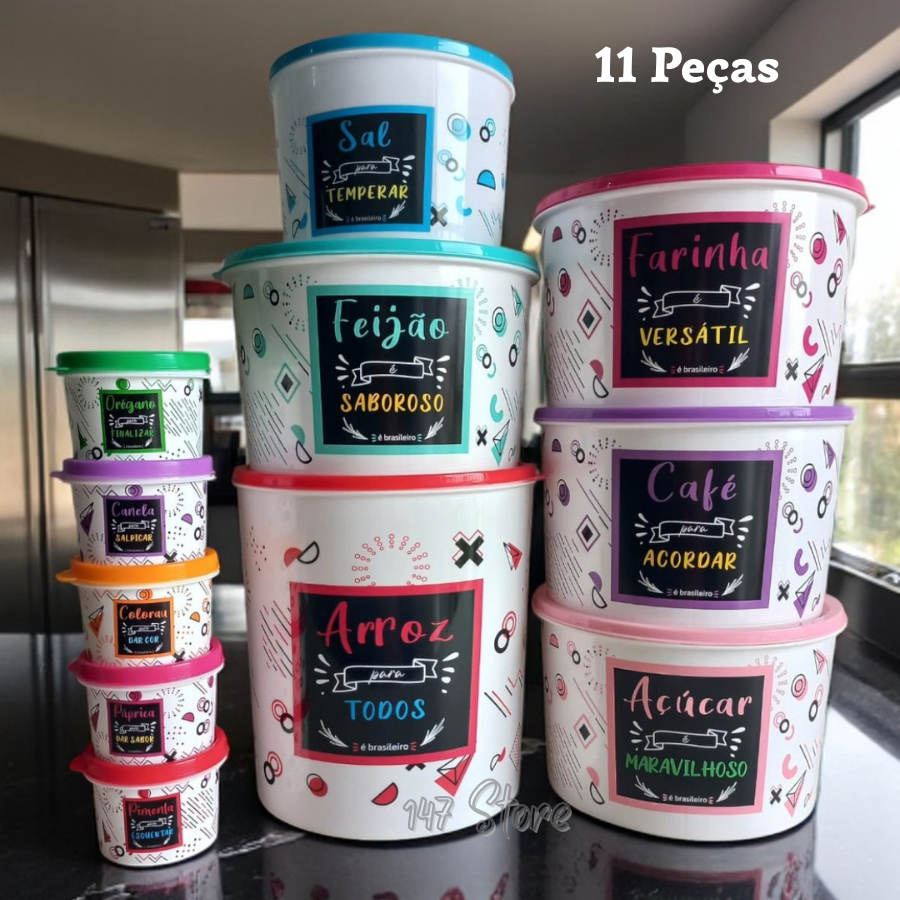 Kit 11 Potes Porta Mantimentos e Condimentos Plásticos Decorado linha Colors  Inspiração da Tapoer em Oferta na Shopee