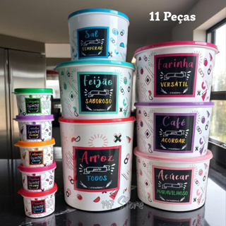 Kit 11 Potes Porta Mantimentos e Condimentos Plásticos Decorado linha Colors  Inspiração da Tapoer em Oferta na Shopee