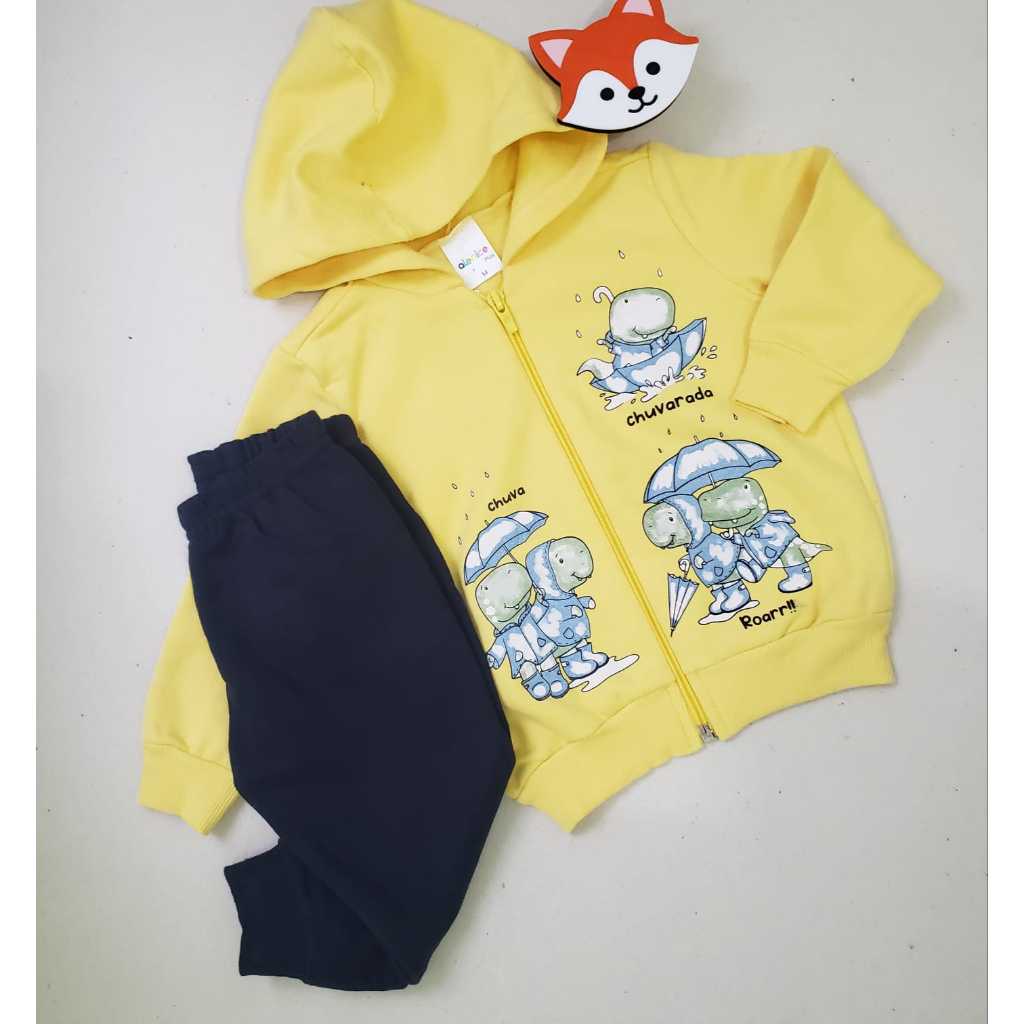 Conjunto de Frio bebê Menino - Jaqueta com Capuz + Calça | Tamanho M Estampa Dino na Chuva – Fofo, Quentinho e Estiloso!