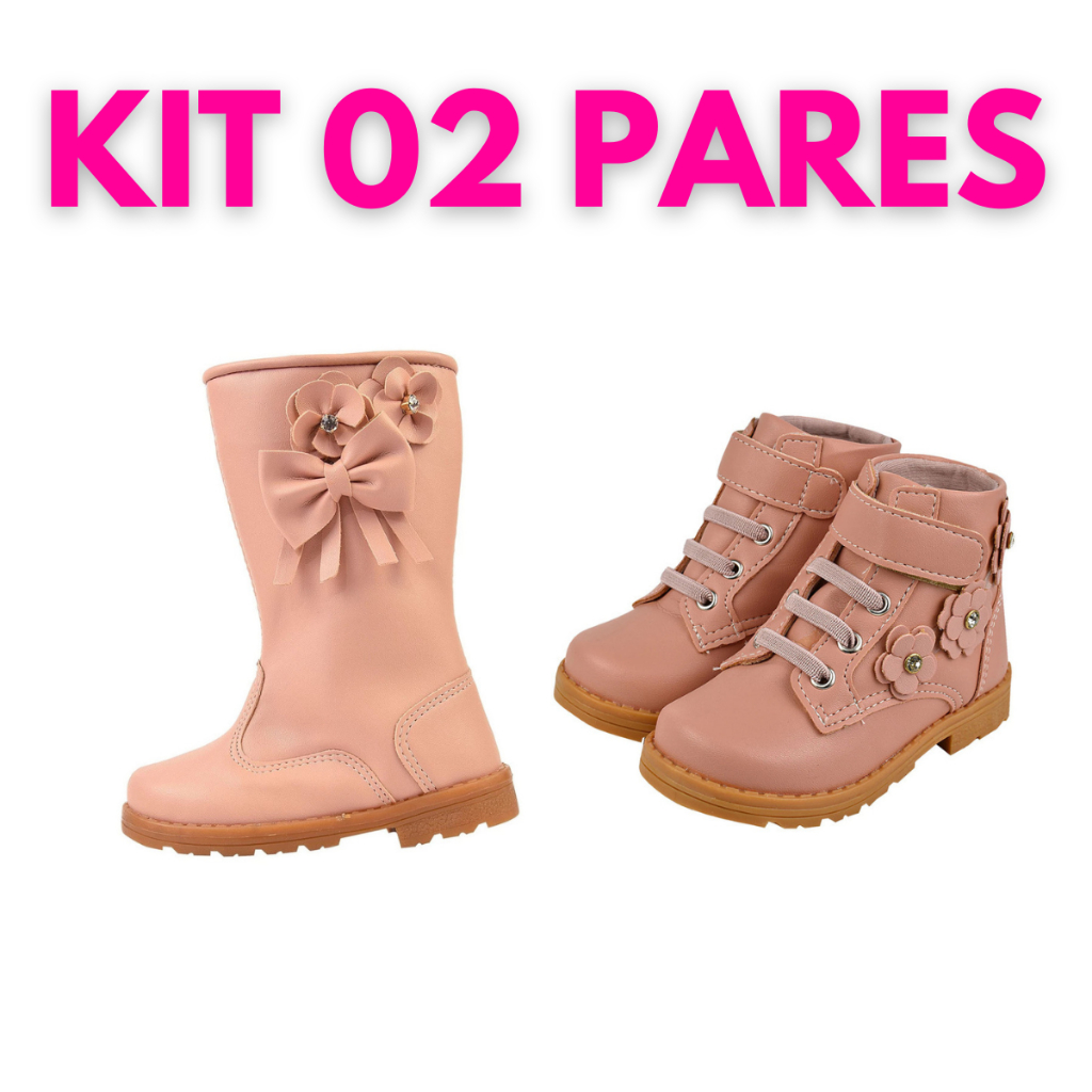 Kit 02 Pares Bota Cano Alto e Coturno Infantil Feminino Menina Nude com Flor e Laço Lulopé