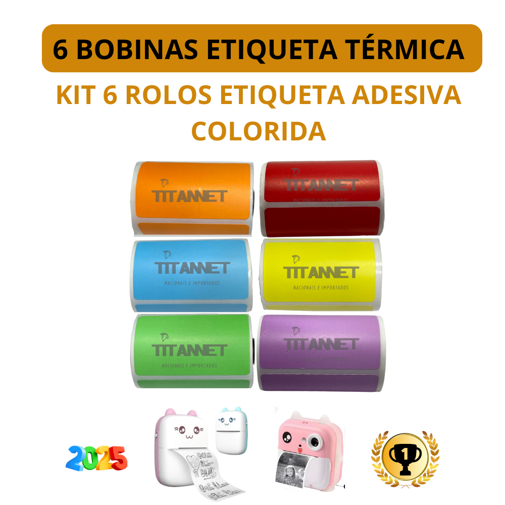 Etiqueta Adesiva Coloridas P/ Mini Impressora Gato - 6 Rolos — imagem 2 de 2