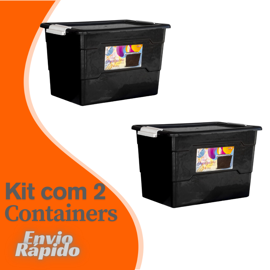 2 X Caixa Container 24 Litros Cesto Plastico Transparente Multiuso Organizador Plástico Com Tampa