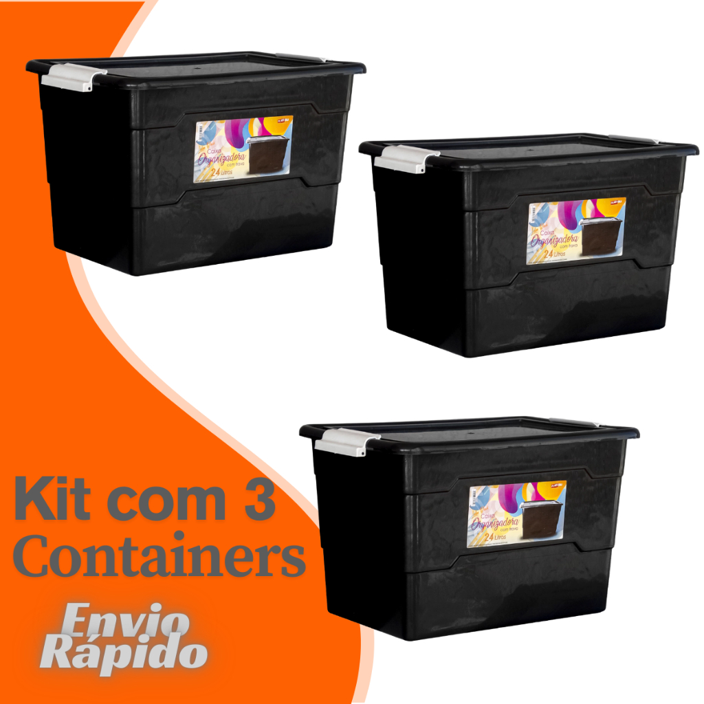 Kit 3 X Caixa Container 24 Litros Cesto Plastico Multiuso Organizador Plástico Empilhável Com Tampa
