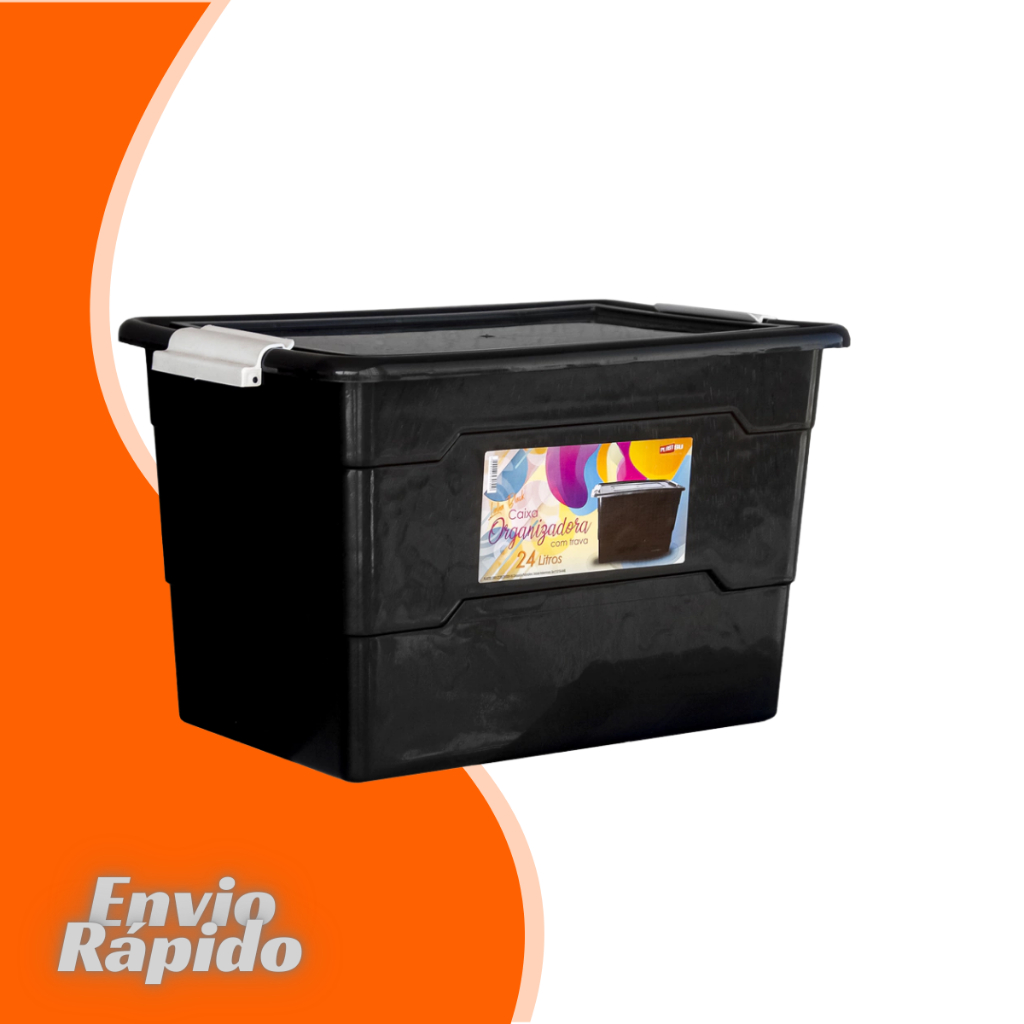 Caixa Organizadora Container 24 Litros Cesto Plastico Resistente Multiuso Organizador Plástico Empilhável C/ Tampa Preto