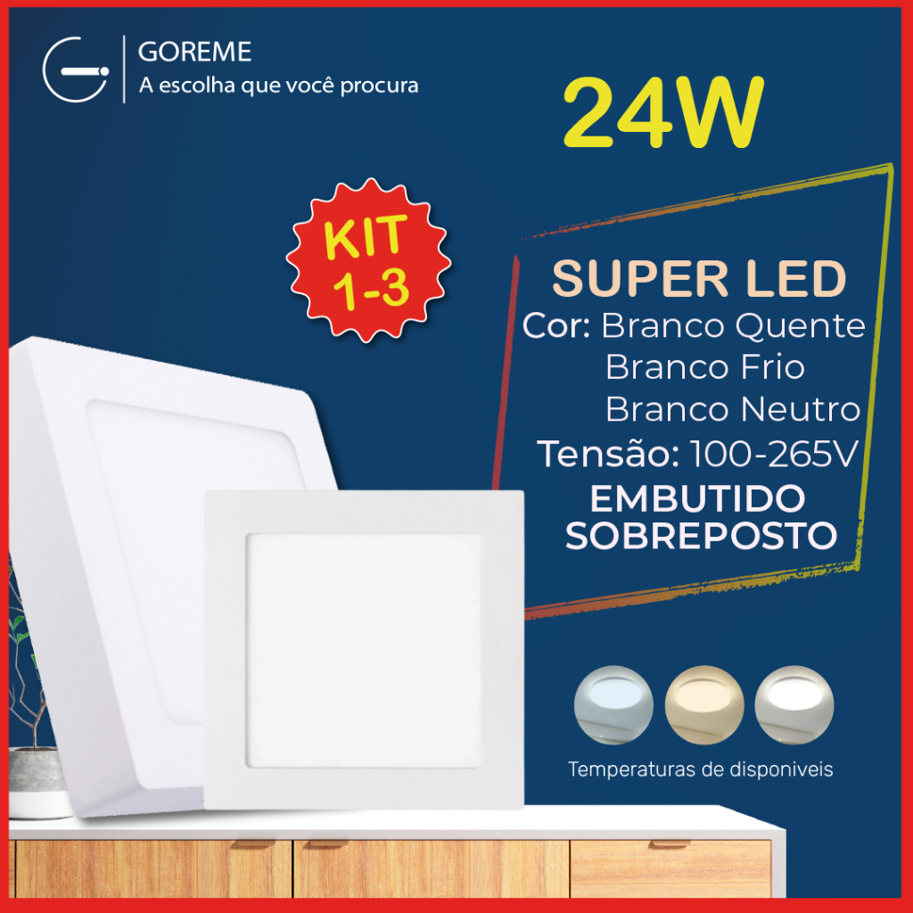 Luminária Painel Plafon Sobrepor Led 24w Quadrado Branco Quente | Branco Frio | Branco Neutro em Oferta na Shopee