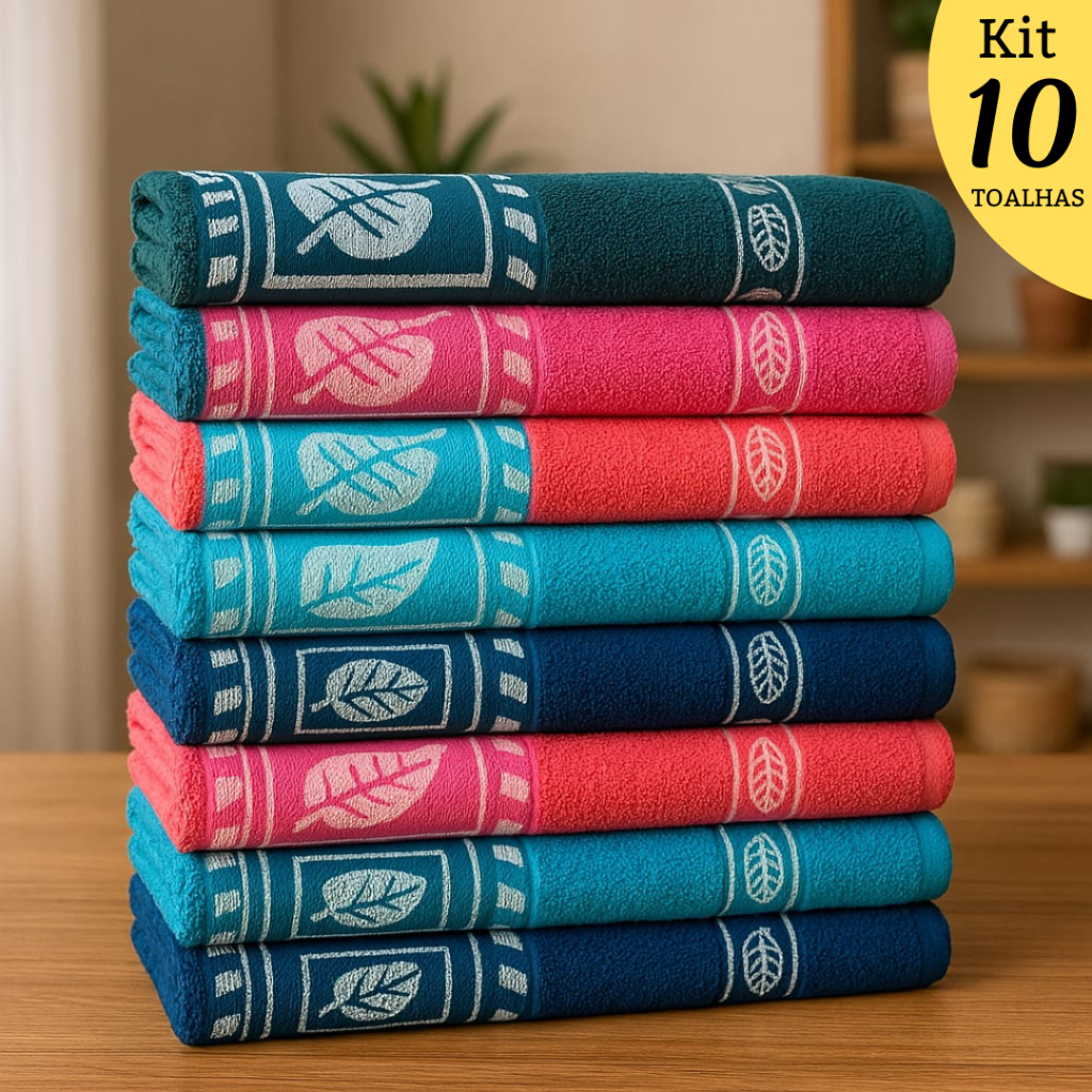 Kit 10 Toalhas De Banho Grande 70x1,40cm Jogo Sortidas 100% Algodão Decorada Seca De Alta Absorção Macia