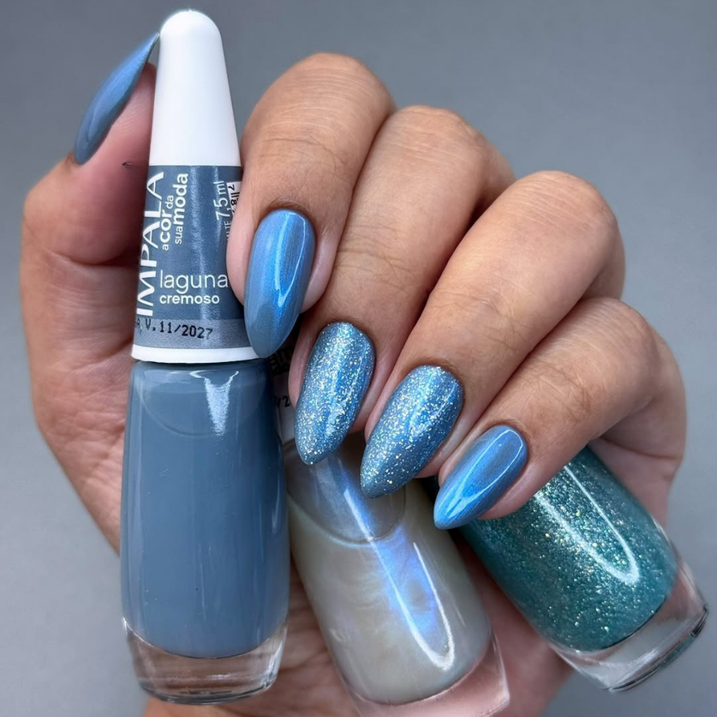Kit 3 Esmaltes Impala Tons de Azul Pérola e Glitter Lançamento Manicures Beleza da Unha em Oferta na Shopee