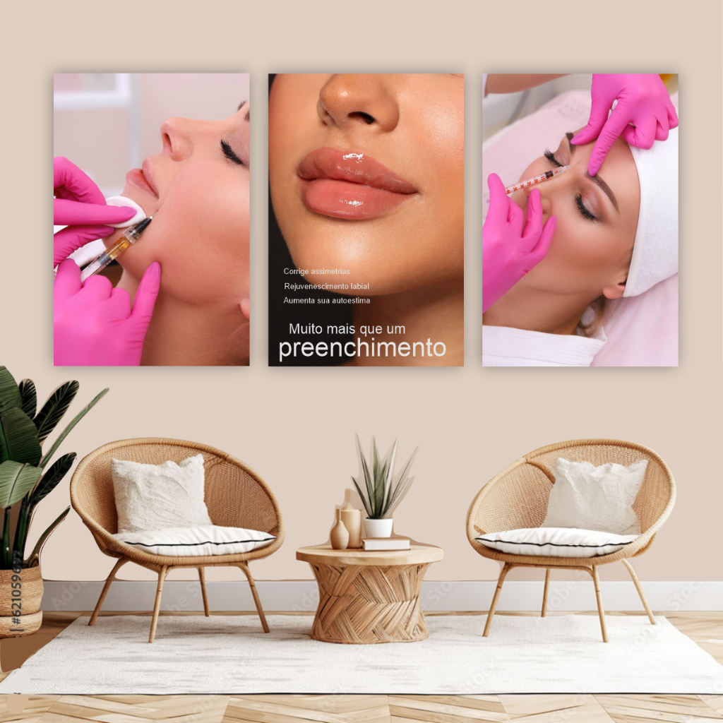Quadro decorativo 3 peças harmozação facial botox preenchimento labial decoração clínica de estética