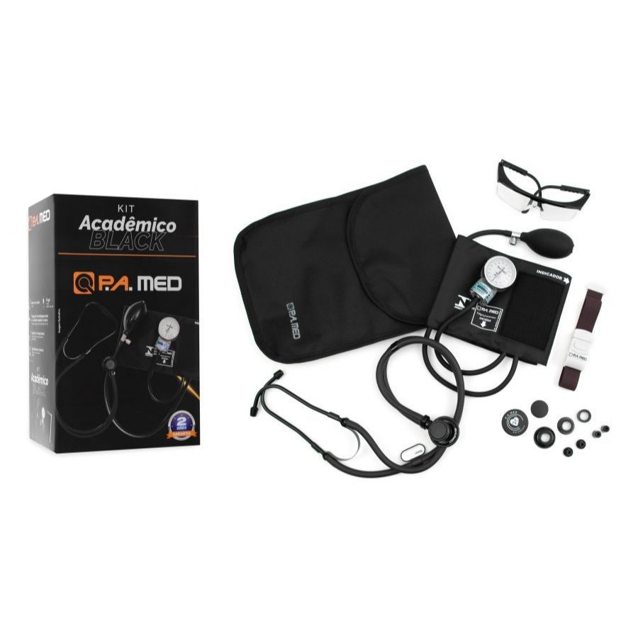 Kit Acadêmico Linha Black P.A. Med Aparelho de Pressão + Estetoscópio Completo